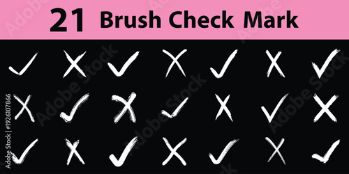 21 set of crayon grunge check mark elements. Brush, marker drawn check mark and cross icon set Collection of hand drawn doodle tick symbol, chalk checkmark illustration.
