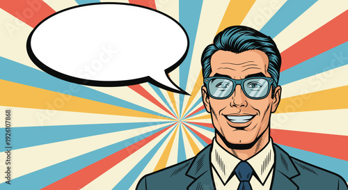 Confident smiling businessman in suit and glasses with empty speech bubble against colorful sunburst background.
