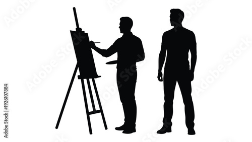 Silhouettes of an artist painting and a man observing the artwork