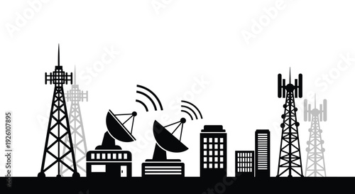 Black and white silhouettes of various telecommunication towers and satellite dishes against a clean white background.