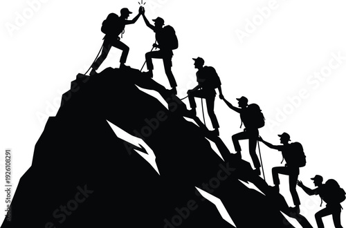 Silhouette illustration of seven mountain climbers ascending steep peak with backpacks, teamwork, cooperation, perseverance, and achievement, symbolizing success, unity, and collective effort in 