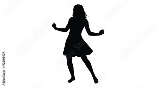 Silhouette of a woman dancing with arms outstretched against a white background