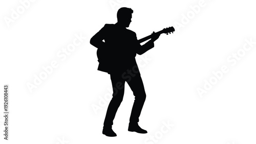 Silhouette of a man playing an electric guitar depicted in a stark black and white style