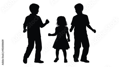 Silhouettes of three children two boys and a girl standing together