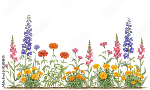 Vibrant Watercolor Summer Flower Garden Border