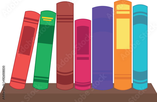 Colorful collection of six books standing upright on a brown shelf
