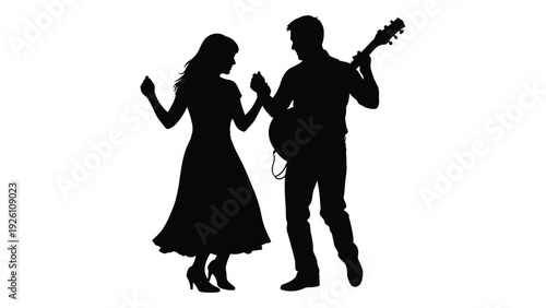 A silhouetted couple dances as a man plays an acoustic guitar creating a romantic scene