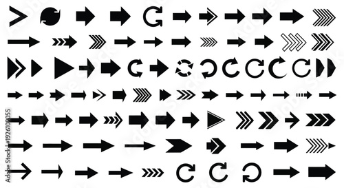 Collection of various black direction arrows and refresh icons illustrating movement and cycles