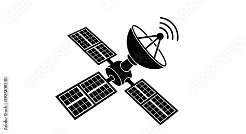 Simple black and white illustration of a satellite in space with solar panels and antenna.