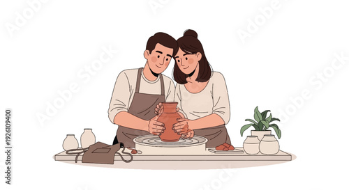 Couple Creating Handmade Pottery Together in Minimal Studio