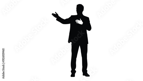 Silhouette of a man in a suit gesturing with an open palm and hand to chest