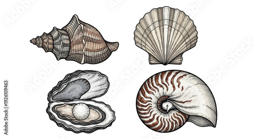 Assortment of Seashells and Oyster with Pearl Illustration