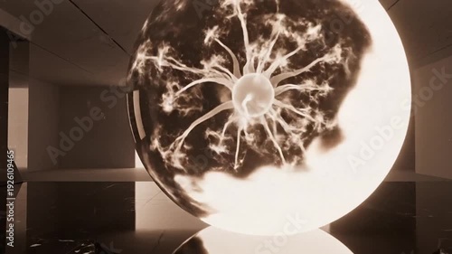 Futuristic Sphere in Modern Marble Hallway