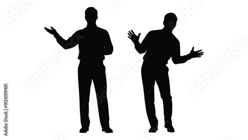 Silhouettes of two men gesturing with open palms against a white background