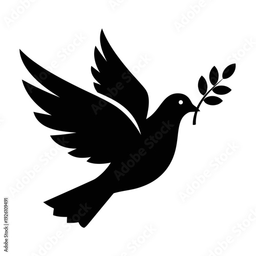 Wallpaper Mural Black silhouette of a dove carrying a green branch with leaves, symbol of peace Torontodigital.ca