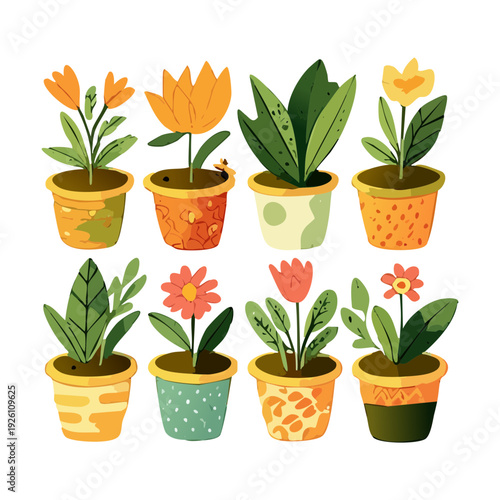 Orange marigold and summer sunflower in orange ceramic pot set illustration plant for bright sunny garden decor