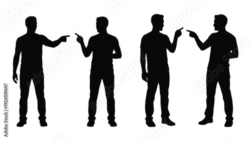 Four silhouettes of men pointing with index fingers in a minimalist composition