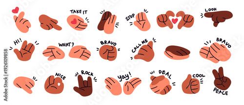 Set of cute cartoon hand gestures in flat doodle style featuring various expressions. Perfect for stickers, social media posts, messaging apps, posters, greeting cards, and modern graphic design 