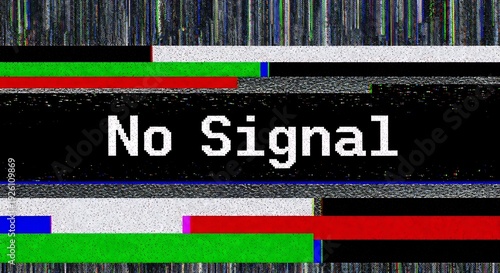 No signal on vintage television screen with glitch, digital static and colorful horizontal bars.