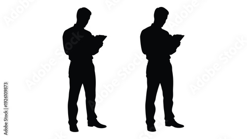 Two silhouetted figures of men holding and reading something possibly phones or books