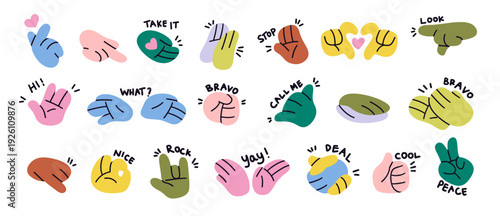 Set of colorful cartoon hand gestures in playful doodle style featuring expressions. Perfect for stickers, social media content, messaging apps, posters, greeting cards, and modern graphic design 