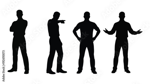 Silhouettes of four men in various poses depicting different actions and gestures