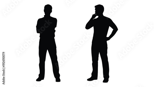 Two silhouetted men standing with different postures against a white background