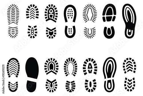 Shoe Sole Print Vector Set, Footprint Silhouette Collection, Editable Vector Graphics of Shoe Treads, Foot Impressions, Tracks, and Patterns for Design