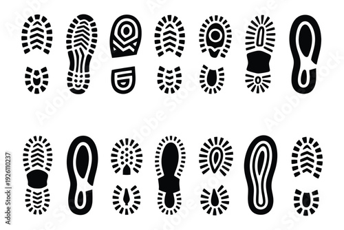 Shoe Sole Print Vector Set, Line Art and Flat Vector Illustrations of Footprints, Shoe Tread Silhouettes