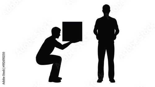 Silhouette of two men one handing a square box to the other