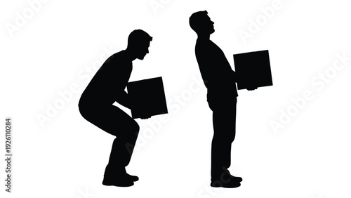 Silhouette of a man lifting a box incorrectly versus correctly