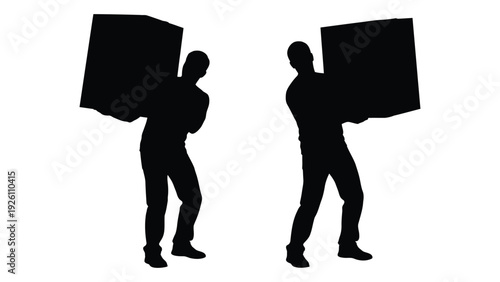 Two silhouetted figures carry large rectangular objects against a white background