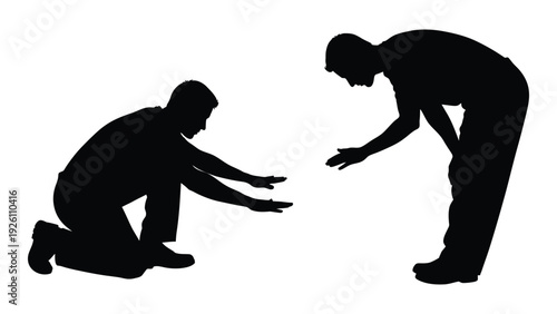 Two figures in silhouette one kneeling one reaching out a helping hand