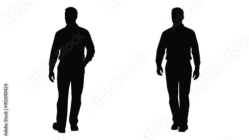 Two male silhouettes stand facing forward against a plain white background