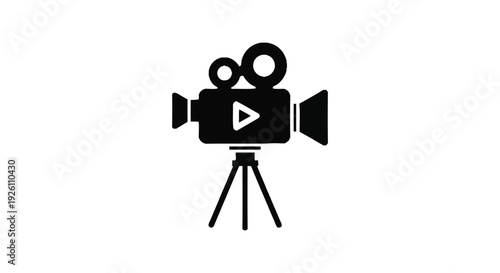 Simple black and white icon representing a classic film camera mounted on a tripod stand