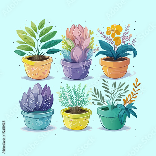 Purple cactus and exotic succulents in colorful pot set illustration plant for unique desert garden theme decoration
