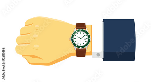 Close-up of a businessman checking the time on his classic wristwatch with a leather band.