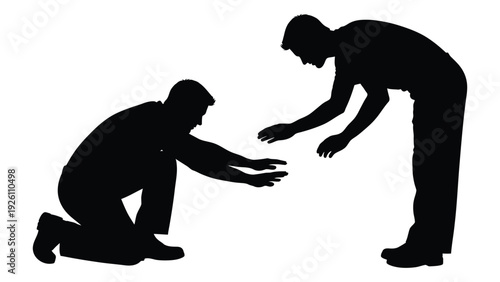 A black silhouette depicts one person helping another up from the ground