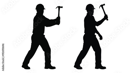 Two construction workers silhouetted each raising a hammer overhead high quality