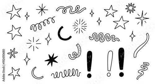 Collection of handdrawn stars moons exclamation marks and swirls