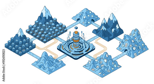 Isometric digital illustration of a futuristic data center network