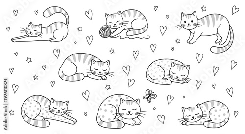 Collection of cute handdrawn cats with hearts and butterfly illustrations