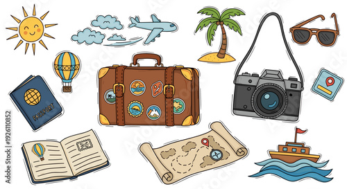 Travel and vacation accessories including camera suitcase and map