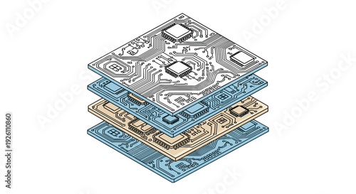 Isometric illustration of layered digital currency banknotes and coins