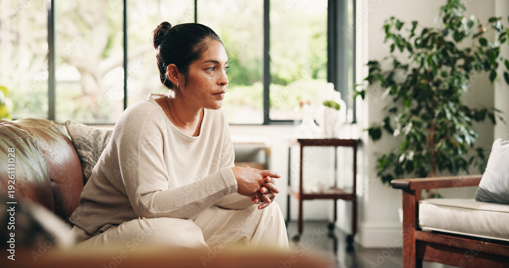 Fototapeta premium Couch, thinking and woman in home with relax for inspiration, break or resting in lounge. Daydreaming, calm and female person in living room for reflection, idea and contemplating on sofa in house