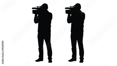 Silhouette of two men operating video cameras facing forward high quality