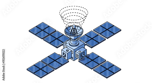 Illustration of a satellite with solar panels orbiting in space