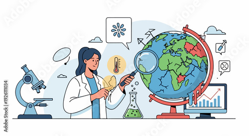Illustration of a female scientist examining a globe with a lightbulb, surrounded by laboratory equipment and digital devices in a colorful, flat design with a creative and educational mood.