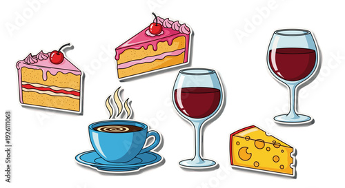 Illustration of a dessert and beverage setup with cake wine and cheese