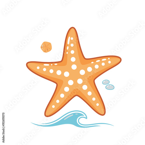 Orange Starfish with White Spots on White Background with Wave and Pebbles